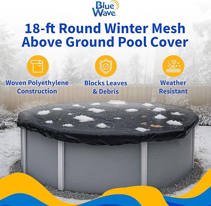 Blue Wave Rugged Mesh 18 ft 8-Year Above Ground Pool Cover for Winter – Fine Mesh Debris Barrier – 4 ft Overlap, Reinforced Grommets, Vinyl-Coated Cable, Metal Winch – Black Finish - BWC604