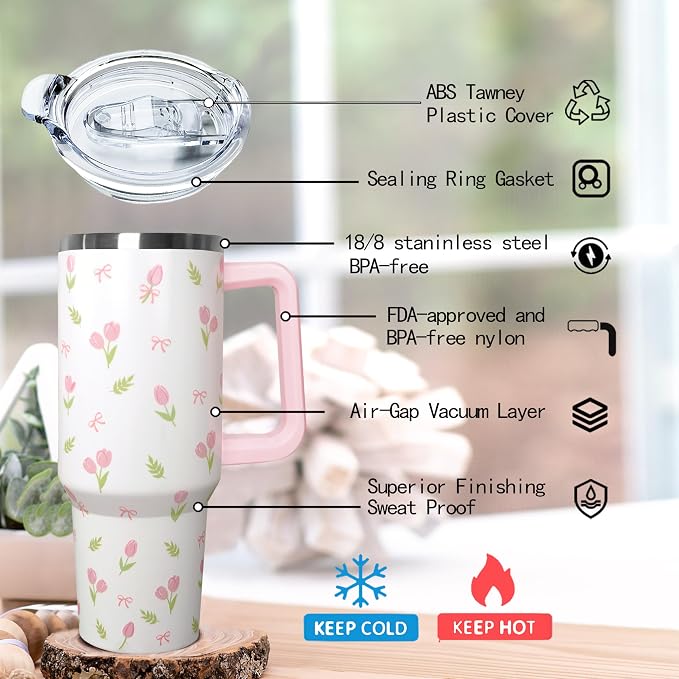 Ceovfoi 40 oz Tulip Bow Tumbler with Handle & Straw, Vacuum Insulated Stainless Steel Flip Top Water Bottle, Floral Tulip Bow Travel Mug, Spring Gifts for Women, Cute Tumbler for Car Cup Holder