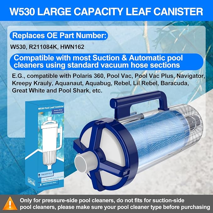 Upgraded W530 Pool Leaf Canister w/Mesh Bag Large Capacity Compatible with Hayward Pen-tair Pool Vacuum Cleaner Navigator Aquanaut Kreepy Krauly Heavy Duty Open Line Pool Leaf Catcher R211084K
