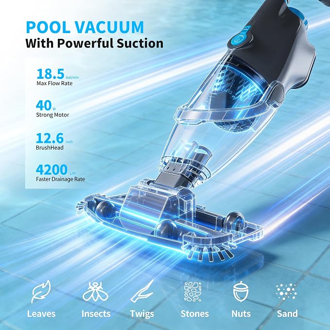 2026 Upgraded Pool Vacuum,Pool Vacuum for Above Ground Pool,Cordless Handheld Pool Vacuum for Inground Pools,Pool Cleaner with 18.5 GPM Suction,Hot Tub Vacuum With Aluminum Pole for Sand&Debris