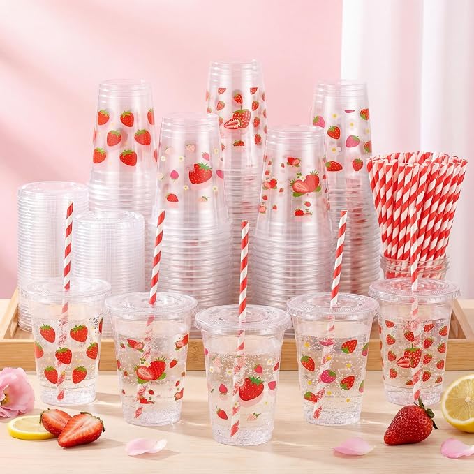 FoldTier 100 Pcs Plastic Strawberry Cups with Lids and Straws 12 oz, Strawberry Party Decoration Disposable Clear Drinking Cups for Baby Shower Berry Fruit Sweet 1st Birthday Shortcake Party Favor