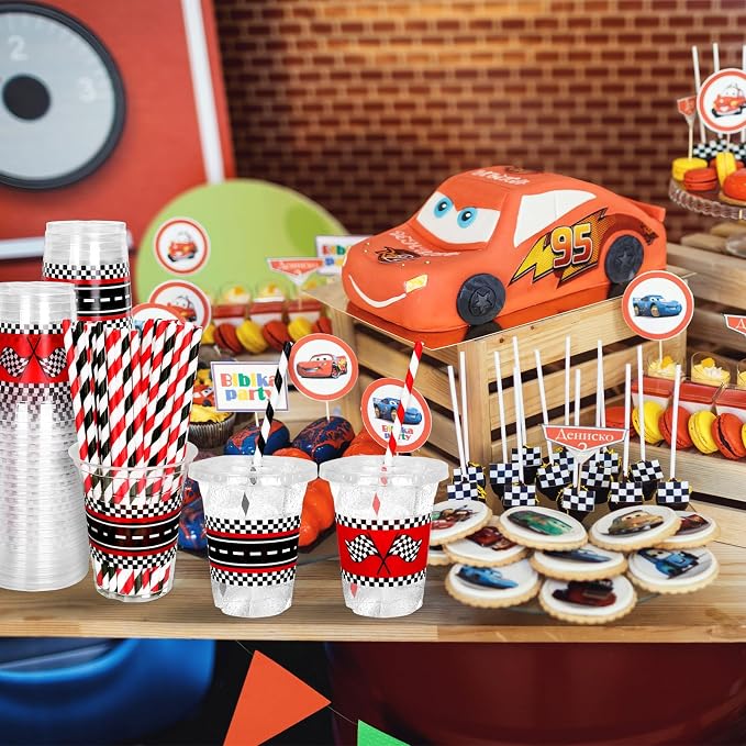FYSUIMU 50Pcs Race Car Birthday Disposable Plastic Cups with Lids and Straws 12Oz Red Black Checkered Flag Race Track Cold Beverage Drink Cups for Racing Car Party Supplies