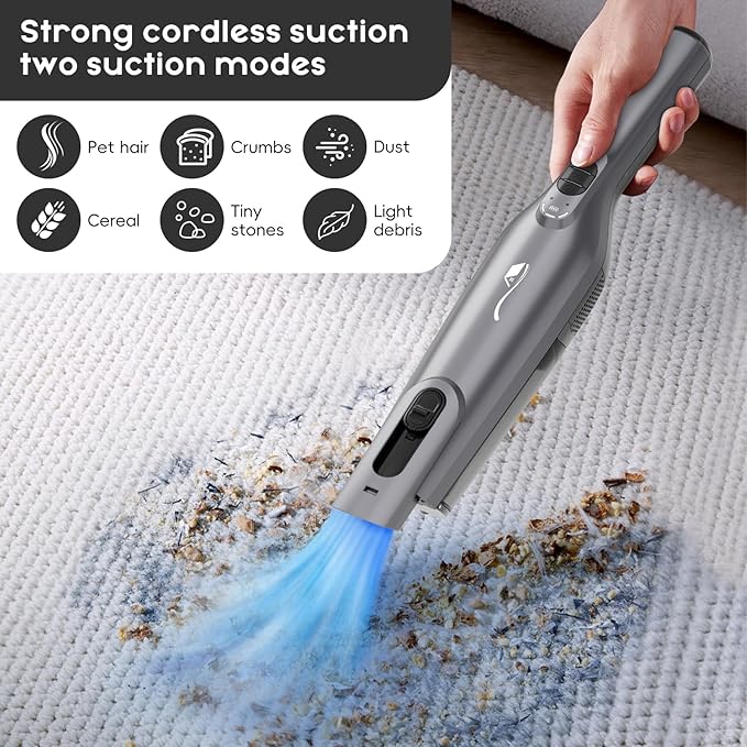 Cordless Handheld Vacuum, Lightweight Portable Hand Vacuum Cleaner with LED Light,Rechargeable Hand Held Vacuum with One-Touch Empty, Powerful Suction for Office, Home,Car,Gray