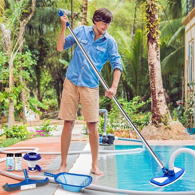 Potchen 6 Pcs Pool Cleaning Kit Include Vacuum Head, Skimmer Net, Brush Head, Telescoping Pole, Pool Chlorine Floater, and Test Strips for Above Ground Pools Hot Tubs Maintenance Tools(Round Vac)