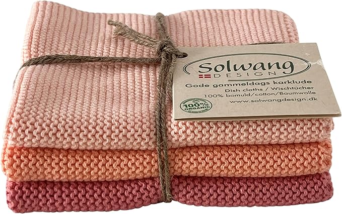 Solwang 3-Piece Danish Cotton Dishcloths in 100% Certified Organic Cotton Made in India (Dusty Coral Organic Combi), 619317045637