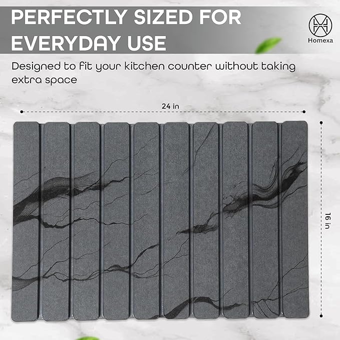 Stone Dish Drying Mat 24" x 16" – Dish Drying Stone – Large Diatomaceous Earth Drying Mat with Non-Slip Base – Quick Dry Kitchen & Bathroom Drying Pad for Dishes Marbled Dark Grey)