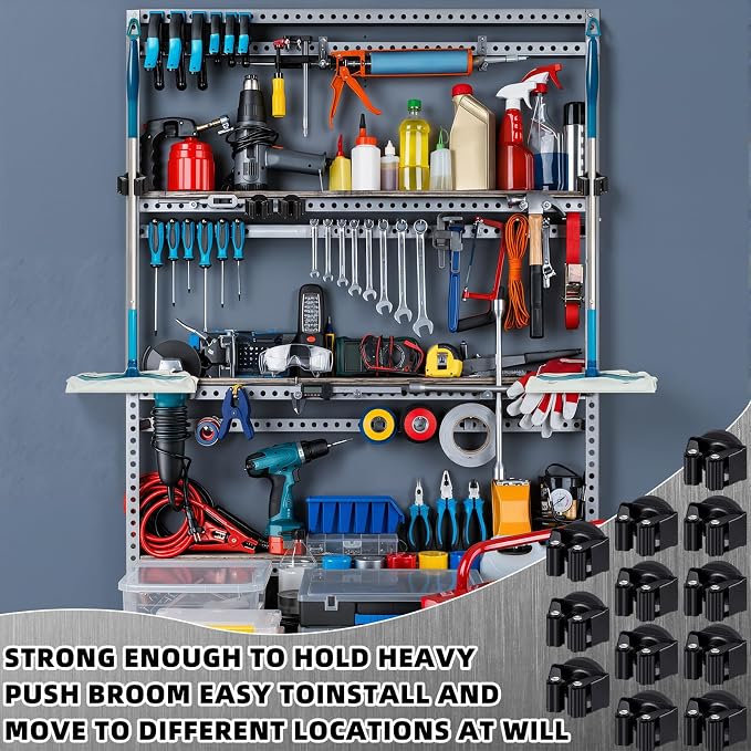 Vercraft 12 Pcs Magnetic Mop Broom Holder Movable Magnetic Broom Holder Rack, Anti Slip Wall Mounted Utility for Cleaning Tools, Garage, Kitchen, Laundry, Garden (Black)