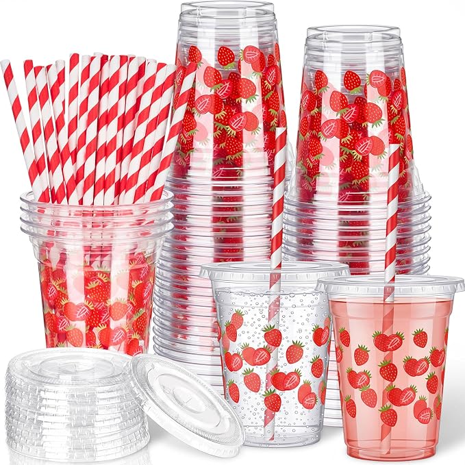 Domensi 25 Sets Strawberry Themed Plastic Cups with Lids and Paper Straws 12oz Red Disposable Drinking Cups Bulk for Cold Drinks Baby Shower Wedding Picnic Summer Theme Birthday Party Supplies