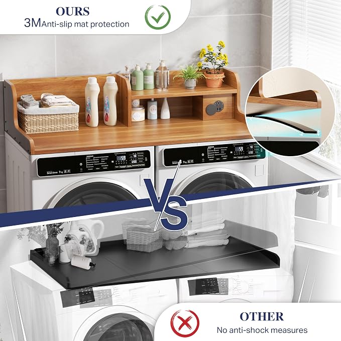 DTK Washer Dryer Countertop with Charging Station, 2 Tier Laundry Countertop with Anti-Slip Strips, 27.55" Depth x 54" Width, Wood Dryer Cover with Shelf, Maple