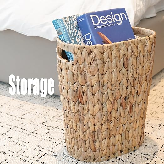 PINXIURY Bathroom Wicker Trash Can Wicker Waste Basket with Built-in Handles Water Hyacinth Hand Woven Garbage Can for Bedroom Office Kitchen 100% Handmade,5 Gallon