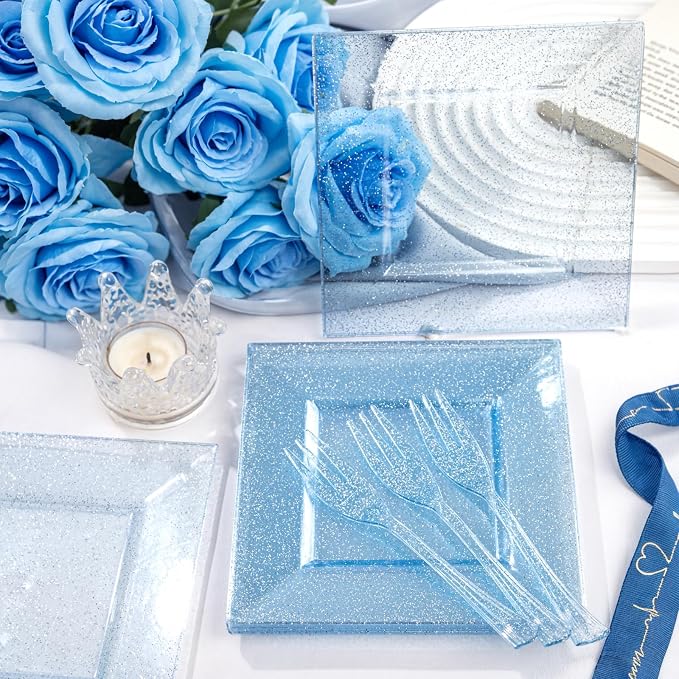 DaYammi 200 Pcs Blue Glitter Dessert Plates Including 100Pcs Appetizer Plates,100Pcs Plastic Forks, Plastic Square Plate for Party,Blue Disposable plates and Cake forks for Birthday Party Wedding