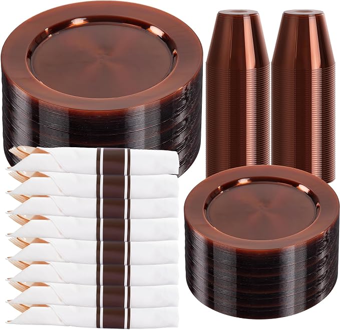 DaYammi 350Pcs Clear Amber Dinnerware Set 50 Guest for Party Amber Plates Disposable - 50 Dinner Plate, 50 Dessert Plate, 50 Per Rolled Napkins with Cutlery, 50 Plastic Cups 9 OZ for Party Wedding