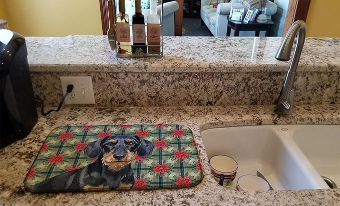 Caroline's Treasures Wirehaired Black and Tan Dachshund Christmas PoinsettIas Dish Drying Mat Absorbent Dish Drying Mat Pad for Kitchen Counter Dish Drainer Mat for Countertop, 14 x 21", Multicolor
