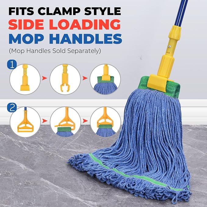Onesimus 24 oz Heavy Duty Mop Head Replacement, 5 Inch Headband for Quick Change Handle, Blue Loop-End Cotton Blend String Wet Dry Floor Mop Refill Commercial Cleaning Supplies, 6 Pack Large