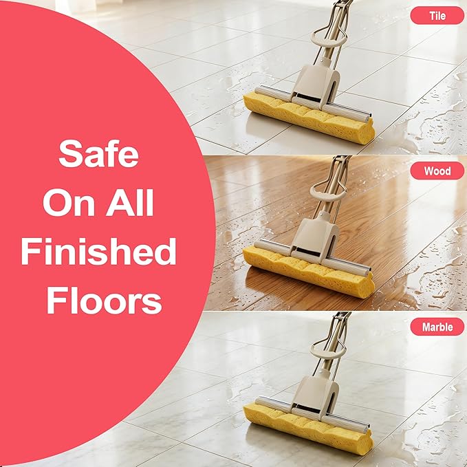 LILAC Cellulose Sponge Mop with 2 Replacement Heads, 4-Color Handle Choices for Zoned Cleaning, Super Absorbent Pop Up Roller Mop for Hardwood,Laminate Floors, Heavy Duty Floor Scrubber (Red)