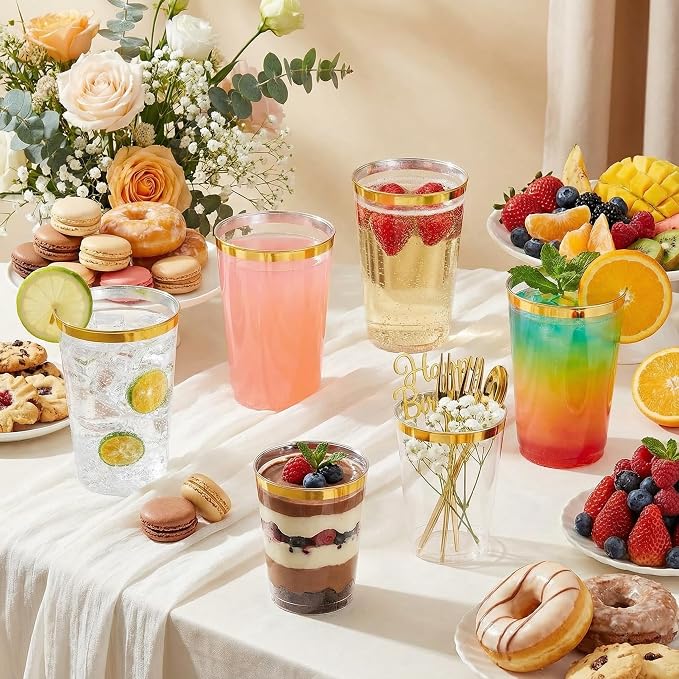 supernal 200 Pack 12oz Clear Plastic Cups with Gold Rim - Heavy Duty Elegant Disposable Party Cups, Premium Fancy Drinking Tumblers for Weddings, 2026 Graduations & Cocktail Hours