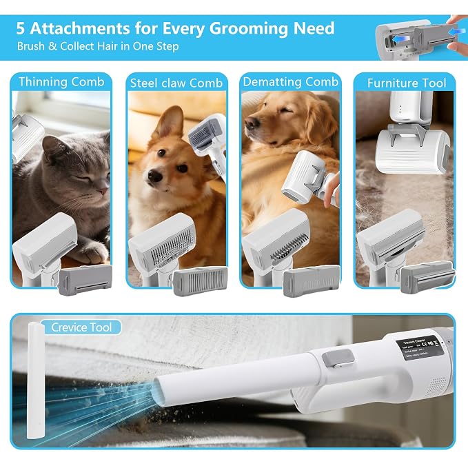 Deshedding Brush with Vacuum Suction, 5-in-1 Pet Hair Removal Tool for Dogs Cats, Cordless Undercoat Rake Removes Loose Hair, 9Kpa Pet Vacuum Cleaner for Furniture Carpet (white bag)