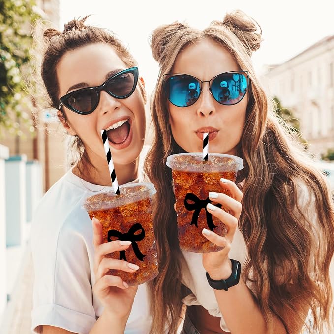 Whaline 50 Pcs Black Bow Disposable Plastic Cups with Lids and Straws 12 Oz Elegant Bow Knot Cold Beverage Drinking Cups for Wedding Birthday Bridal Baby Shower Party Supplies