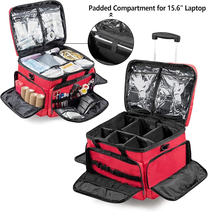 Trunab Rolling Medical Bag with Detachable Trolley, Nurse Rolling Bag with Removable Dividers 15.6” Laptop Sleeve, First Aid Responder Bag Empty for Home Health Nurses, Doctors, EMT, EMS