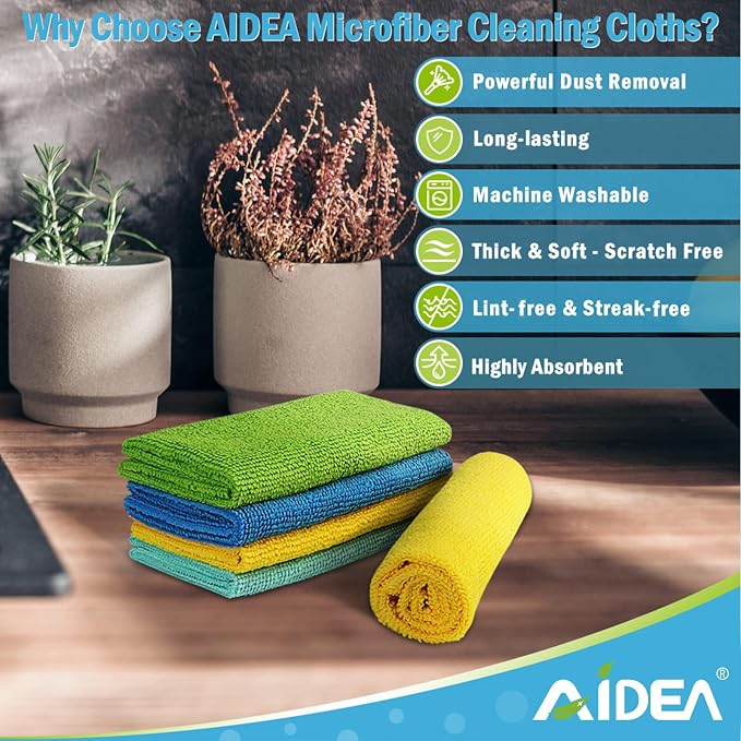 AIDEA Microfiber Cleaning Cloth, 300PK, Soft Absorbent Rags, Microfiber Towels for Cars, Kitchen Towels, Dusting Cloth for Home, Window, Cleaning Supplies, 12"×12"