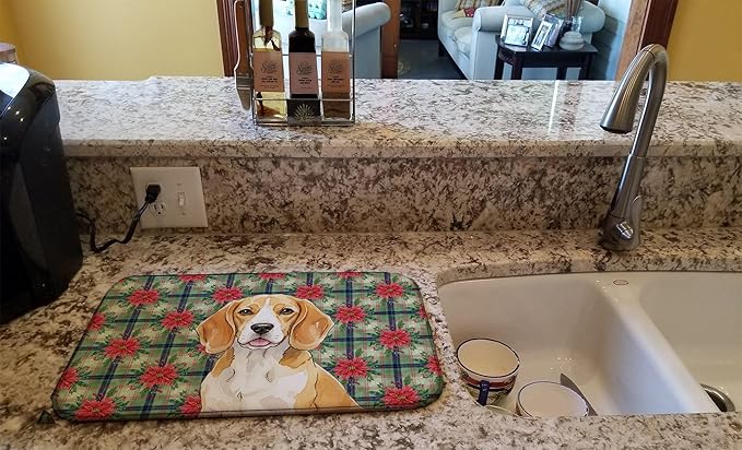 Caroline's Treasures Lemon and White Beagle Christmas PoinsettIas Dish Drying Mat Absorbent Dish Drying Mat Pad for Kitchen Counter Dish Drainer Mat for Countertop, 14 x 21", Multicolor