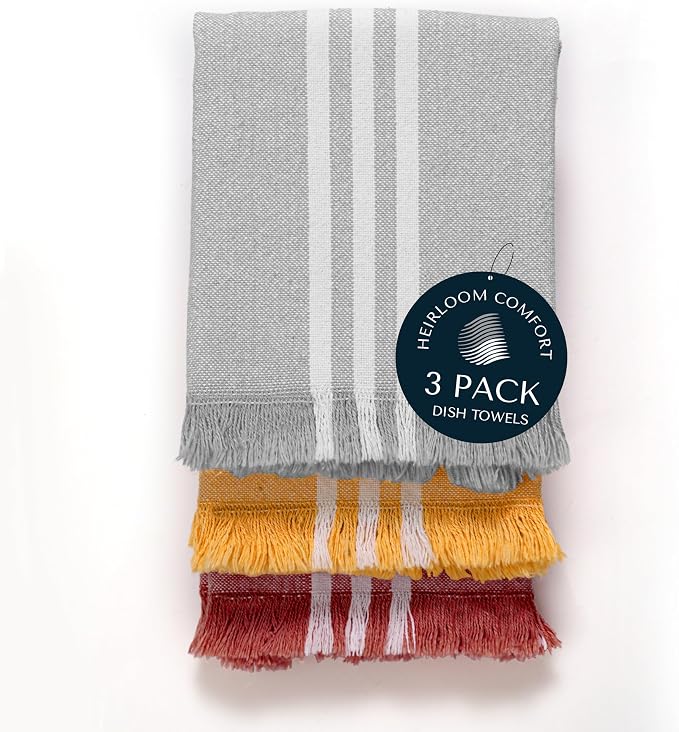Multicolor Stripe Kitchen Towels 3 Pack, 16x26 Inch, 100% Cotton, Super Absorbent & Quick Dry, Durable, Fringed Dish Towel, Washable, Everyday Use, Light Grey, Mustard Yellow, Rust