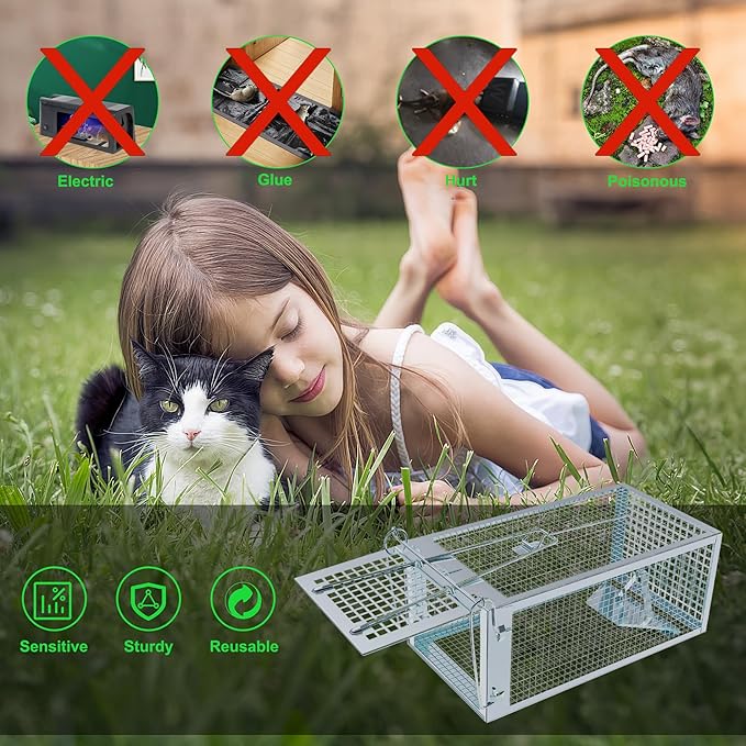 Humane Rat Traps 2-Pack, No Kill Small Animal Cage Trap, Live Mouse Trap Cage Catch and Release, Trampa para Ratones, Chipmunk Rodent Trap that Work for Indoor and Outdoor - 10.6" L x 5.5" W x 4.7" H