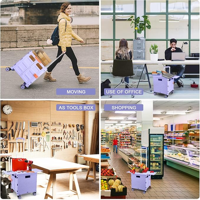 FELICON SELORSS Folding Utility Cart Portable Rolling Crate Handcart with Magnetic Sliding Lid Telescoping Handle Plastic Box Dolly 360°Swivel Wheels for Travel Shop Move Office Teacher(Purple Pro)