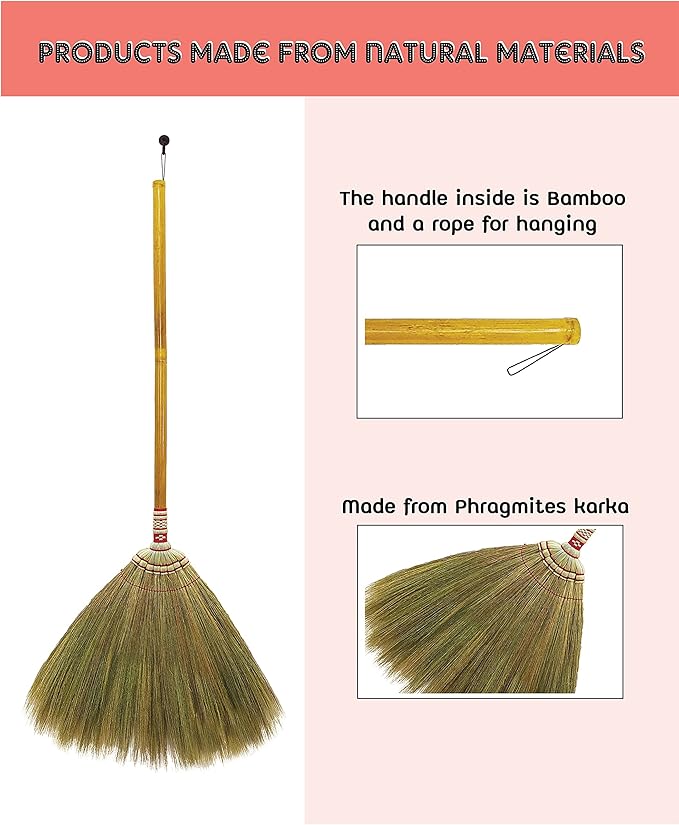 Indoor Grass Broom 40 Inch with Bamboo Handled Brooms for Floor Cleaning, Smooth & Hard Floor - Sweeping Tool Unique Handmade Craft Broom Design for Home, Kitchen, Office, Courtyard, Tiled Floor