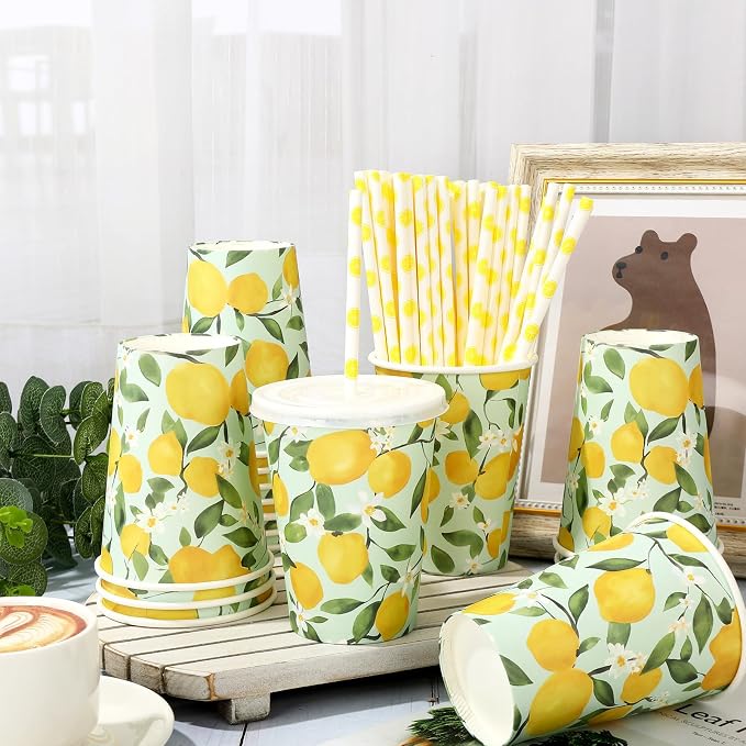 50 Sets Lemon Paper Cups with Paper Straws Plastic Lids 12OZ Yellow Lemon Green Leaves Disposable Coffee Tea Cups for Summer Holiday Fruit Party Juice Drink Beverage Bar Supplies