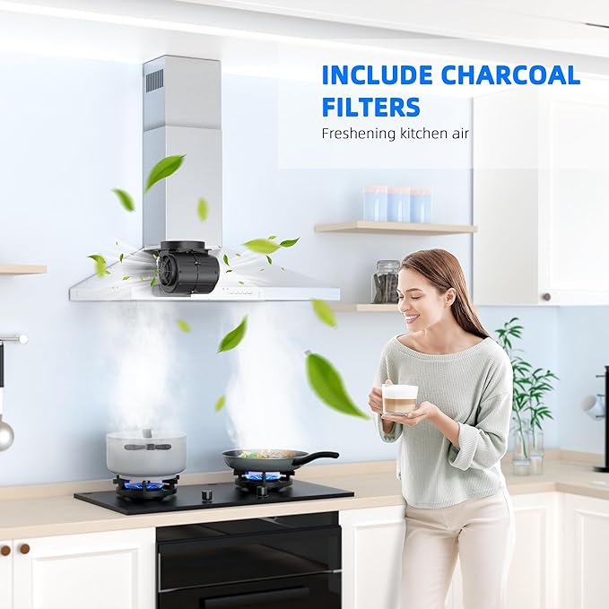 FIREGAS Range Hood 30 Inch, Stainless Steel Wall Mount Kitchen Hood 450 CFM with 3 Speed Exhaust Fan, Ducted/Ductless Convertible, Stove Vent Hood with Aluminium Mesh and Charcoal Filters