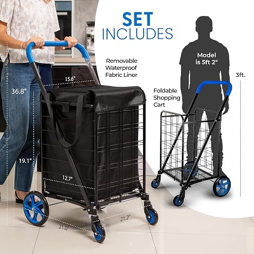 SereneLife Small Compact Folding Shopping Cart with Removable Waterproof Liner – 360° Swivel Wheels, Rust‑Proof Steel Frame, 70 lb Capacity – Portable Grocery, Laundry & Travel Cart (Blue)