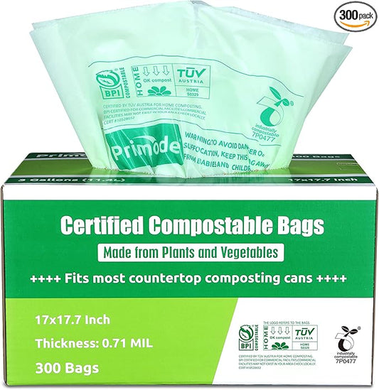 Primode Compostable Trash Bags, Food Scraps Yard Waste Bags,Extra Thick 0.71 Mil. ASTMD6400 Compost Bags Small Kitchen Bin Bags, Certified By BPI and TÜV AUSTRIA (3 Gallon)