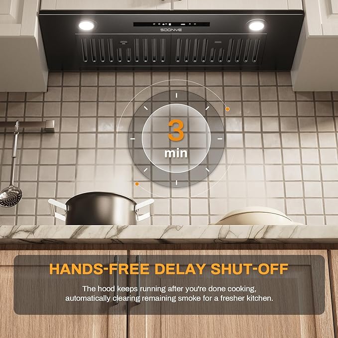 30 Inch Range Hood Insert, 600 CFM Convertible Ducted/Ductless Matte Black Hood with Touch and Gesture Controls, 3-Speed Fan, LED Lights, Baffle & Carbon Filters