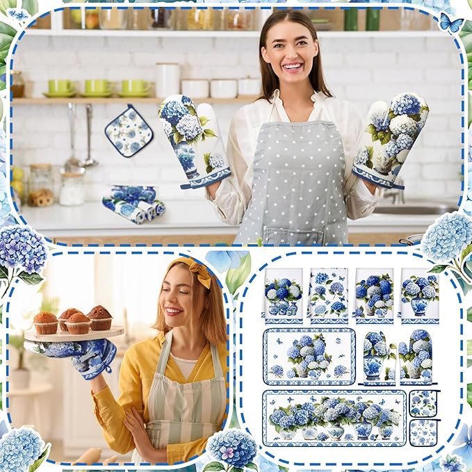 Fanfanwin 10 Pcs Blue and White Porcelain Chinoiserie Kitchen Decor Set Hydrangea Kitchen Towels Oven Mitts Pot Holders Hydrangea Rugs and Mats for Cooking Baking Mom Gift Home Decor
