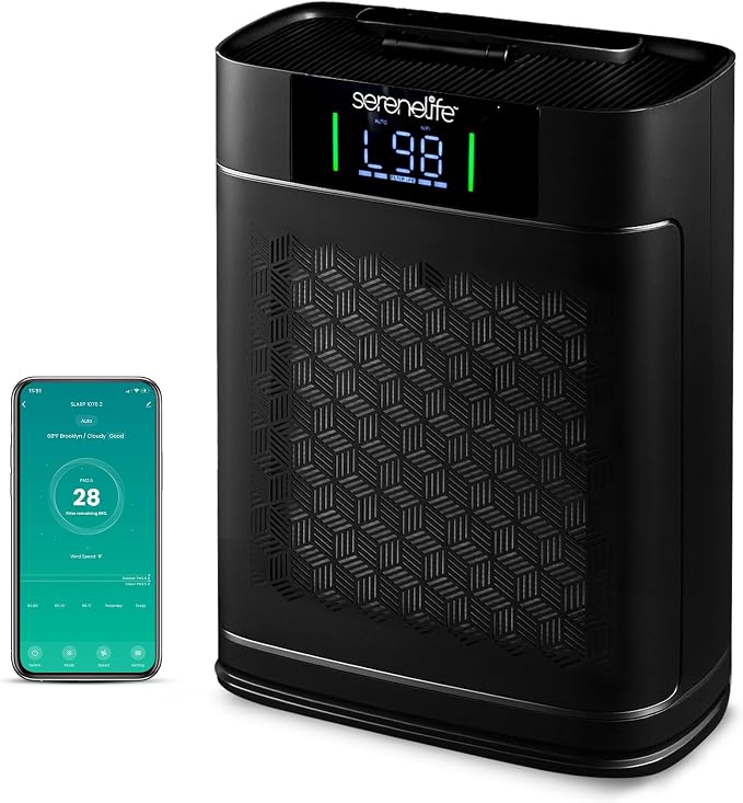 SereneLife Air Purifier for Home - Smart Room Air Purifier with Sleep and Automatic Modes, WiFi and App Control, Ultra Quiet, Removes Dust, Pet Hair and Odor for Large Rooms up to 1,076 Sq Ft (Black)