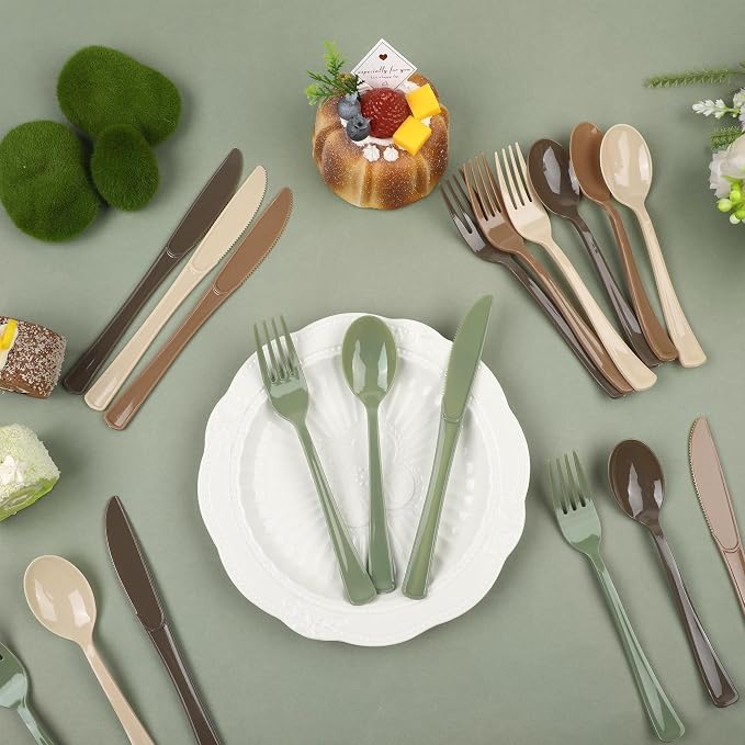 Kochorie 300 Pieces Woodland Plastic Silverware, Disposable Plastic Utensils, Heavy Duty Cutlery Set Heavyweight Flatware Includes Spoons Forks Knives for Birthday Wedding Forest Party Supplies