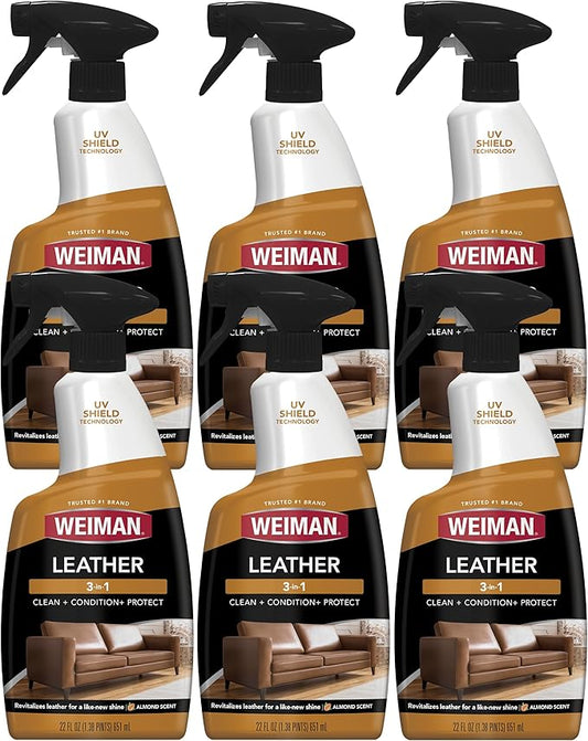 Weiman Leather Cleaner & Conditioner - Cleans, Restores & Protects Leather, UV Protection Prevent Cracking & Fading, For Car Seats, Sofas, Shoes, Bags & All Finished Leather Surfaces, 6 Pack, 22 FL Oz