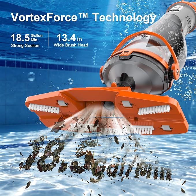 COWSAR Pool Vacuum for Above Ground Pool, VortexForce™ Technology 18.5GPM Strong Suction, 60 Min Runtime Cordless Pool Vacuum with 13.4" Wide Head & 59” Telescopic Pole for Pools/Spas/Hot Tubs, Orange