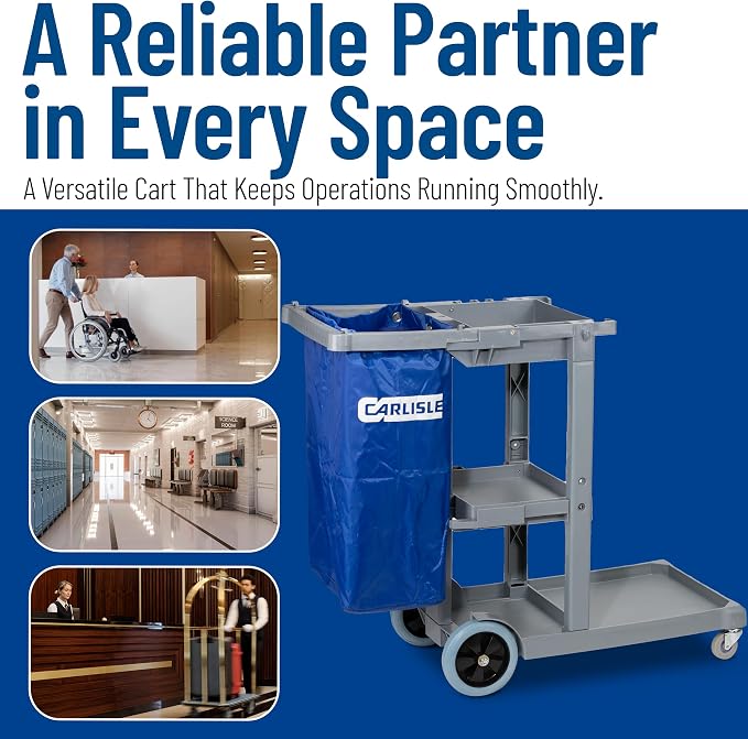 Carlisle FoodService Products Janitorial Cart Short Platform Cart with 25 Gallon Trash Bag for Restaurants, Hospitals, and Schools, Plastic, 45 X 19 X 39 Inches, Gray