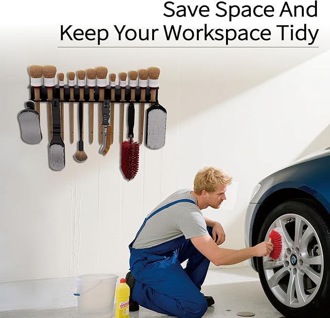 Wall Mount Brush Holder & Tool Hanger Rack for Garage, Detailing Organizer with Mounting Hardware - Holds 12 Brushes + Hooks for Towels & Tools