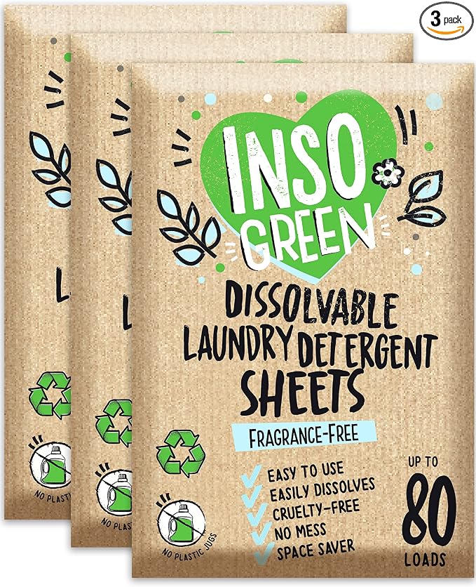 Eco Laundry Sheets Detergent - Unscented 3Pack 240Loads - Zero Plastic Packaging - Travel Laundry Detergent - 120 Sheets