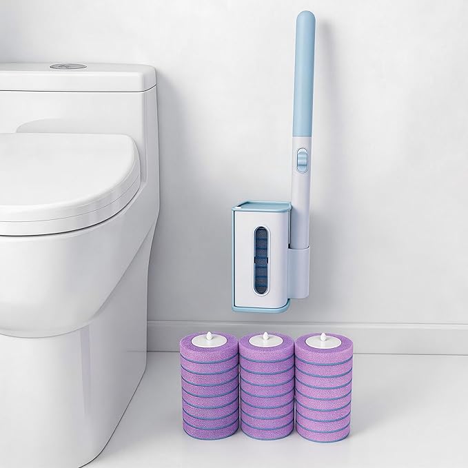 Disposable Toilet Brush with Wall Mounted Holder, Toilet Scrubber Refill | Hands Free Toilet Brush, 1 Wand and Holder with 24 Purple Refills,Bathroom Cleaning for Bathroom/RV, Light Lavender Scent