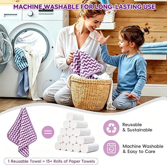 Microfiber Cleaning Cloth 6 Pack, Ultra Soft Super Absorbent Lint Free Dish Towels with Hanging Loop, 13.5x29 Inch Purple Reusable Kitchen Towels for Kitchen, Window, Car, Household