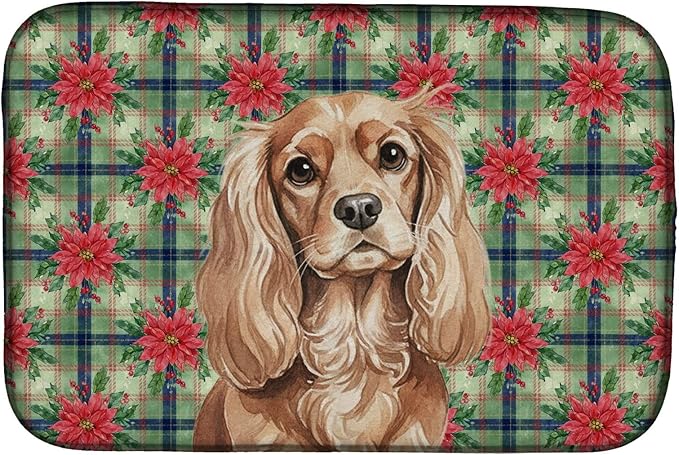 Caroline's Treasures Ruby Cavalier Spaniel Christmas PoinsettIas Dish Drying Mat Absorbent Dish Drying Mat Pad for Kitchen Counter Dish Drainer Mat for Countertop, 14 x 21", Multicolor