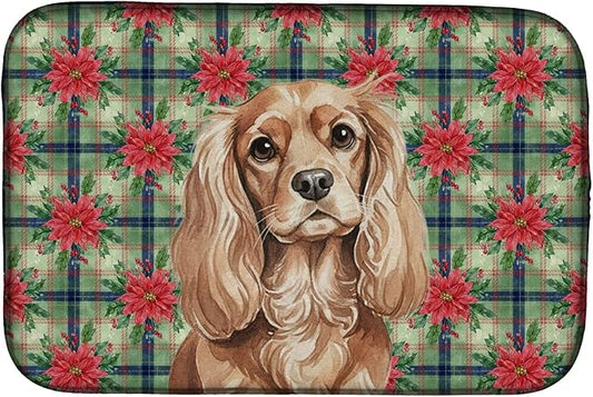 Caroline's Treasures Ruby Cavalier Spaniel Christmas PoinsettIas Dish Drying Mat Absorbent Dish Drying Mat Pad for Kitchen Counter Dish Drainer Mat for Countertop, 14 x 21", Multicolor