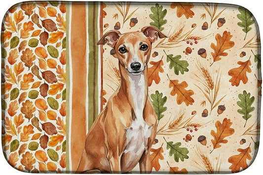 Caroline's Treasures Red Italian Greyhound Heirloom Fall Dish Drying Mat Absorbent Dish Drying Mat Pad for Kitchen Counter Dish Drainer Mat for Countertop, 14 x 21", Multicolor