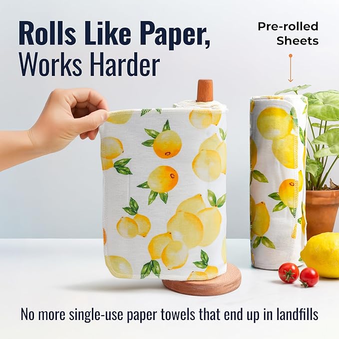 Zero Waste Reusable Paper Towels, Organic Cotton Flannel Wipes for Kitchen, Bathroom, Hand Drying, Pet Messes, and Counter Cleaning, Lemons, 24-Pack Gift Set