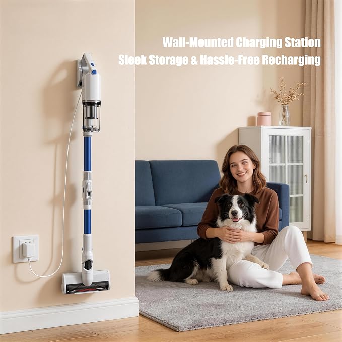 Cordless Stick Vacuum Cleaner, Powerful Suction Anti-Tangle Brush Vacuum with LED Headlight, Lightweight Vacuum Cleaner for Hardwood Floor Carpet Pet Hair (Blue)