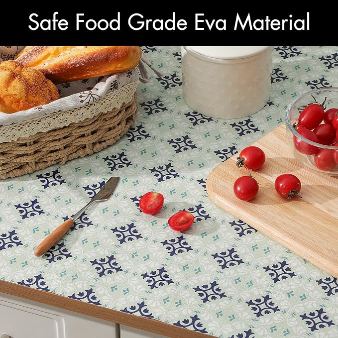 Cooyes Shelf and Drawer Liners for Kitchen Cabinets, Non-Adhesive Cabinet Liners, EVA Waterproof Durable Shelf Paper for Refrigerator, Shelves, Cupboard with European Pattern, Easy to Cut